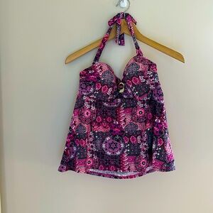 Venus purple-pattern halter bathing suit top. Size 12.
